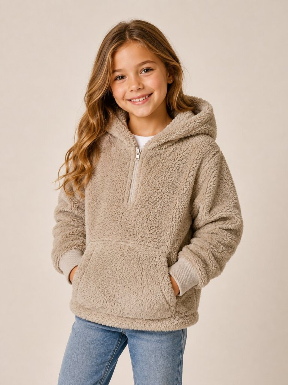 Sherpa Fleece Hoodie Kids Small Beige Cozy Pullover